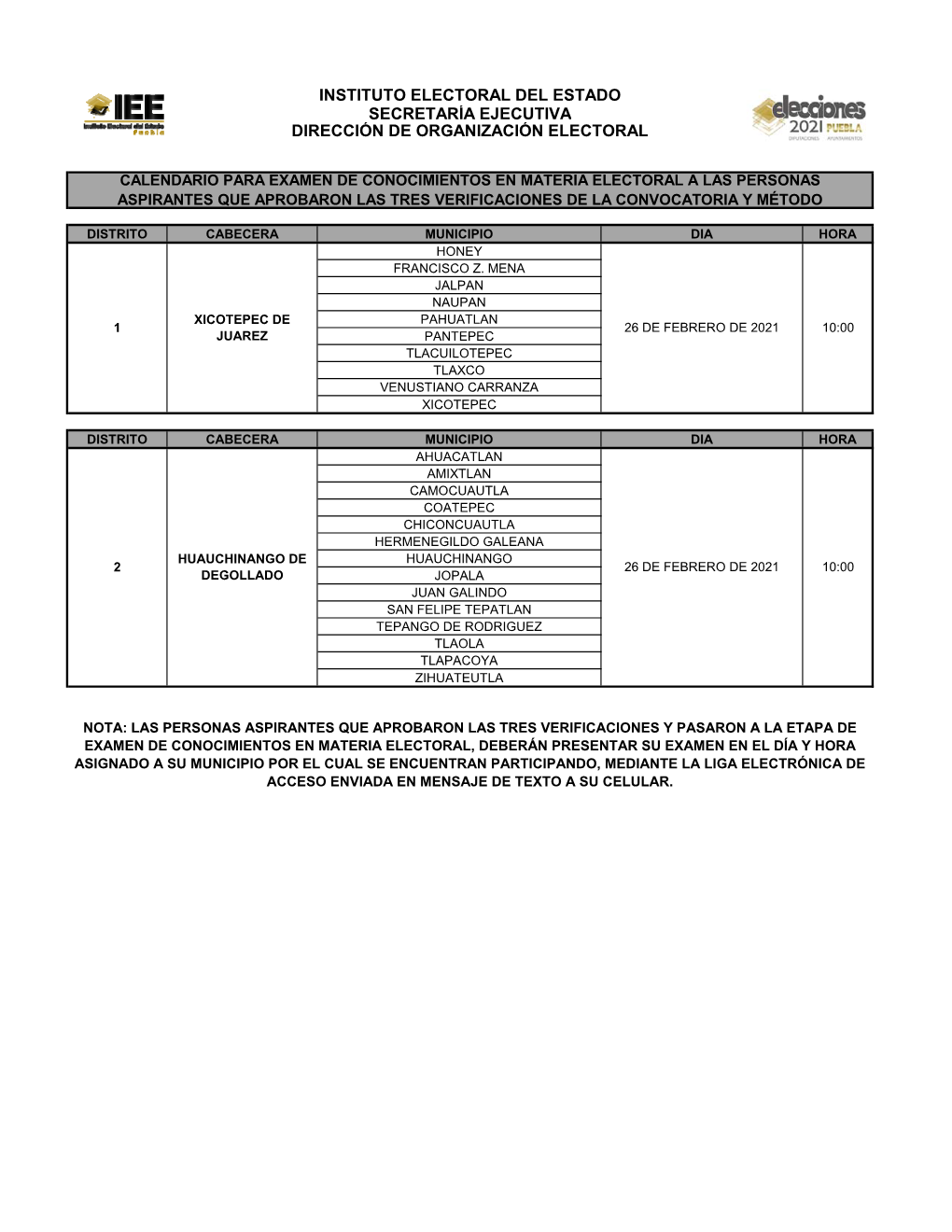 Calendario Con Los Bloques Y Horarios Para La Aplicación Del