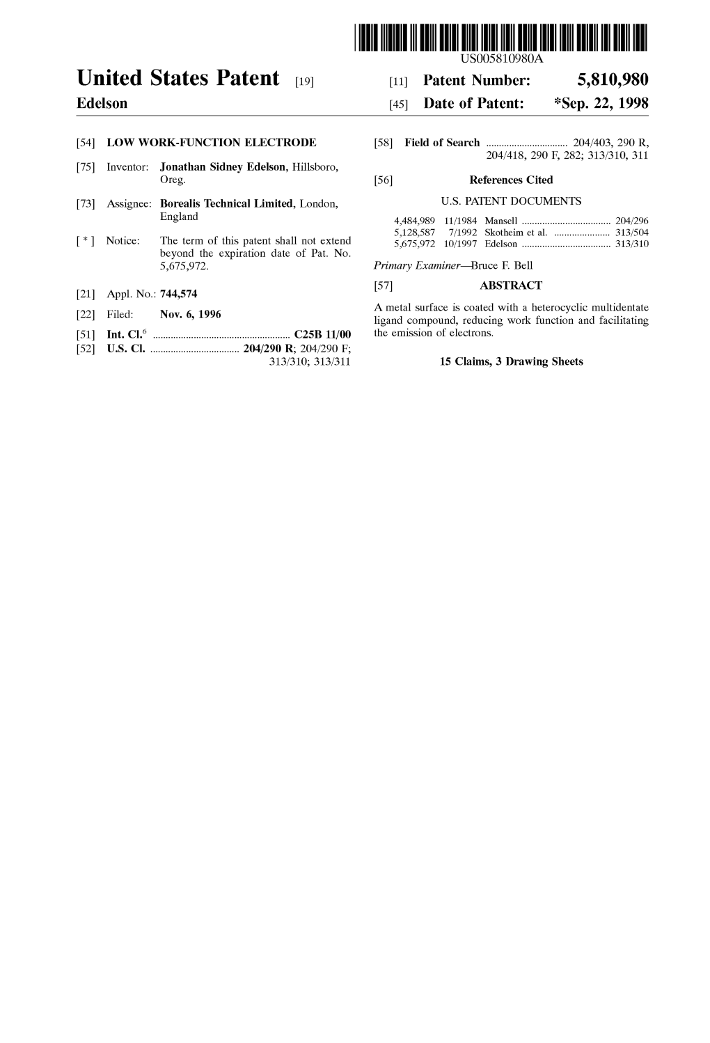 United States Patent (19) 11 Patent Number: 5,810,980 Edelson (45) Date of Patent: *Sep