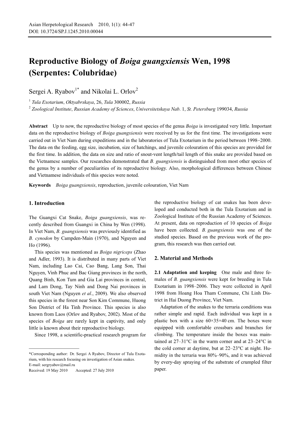 Reproductive Biology of Boiga Guangxiensis Wen, 1998 (Serpentes: Colubridae)