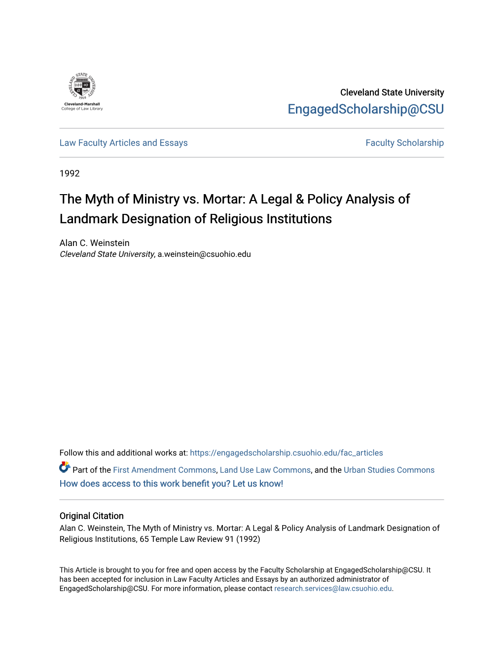 The Myth of Ministry Vs. Mortar: a Legal & Policy Analysis of Landmark Designation of Religious Institutions