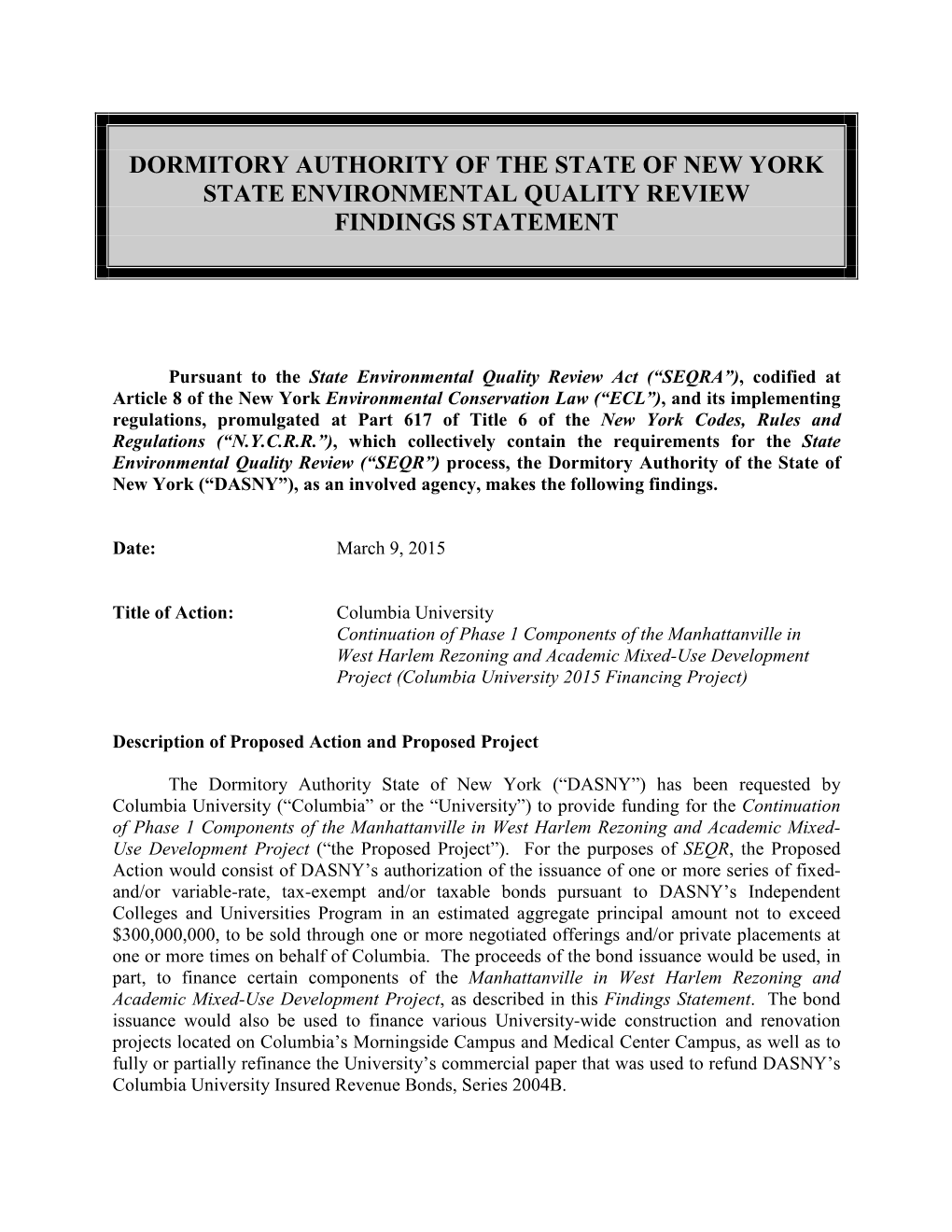 State Environmental Quality Review Findings Statement