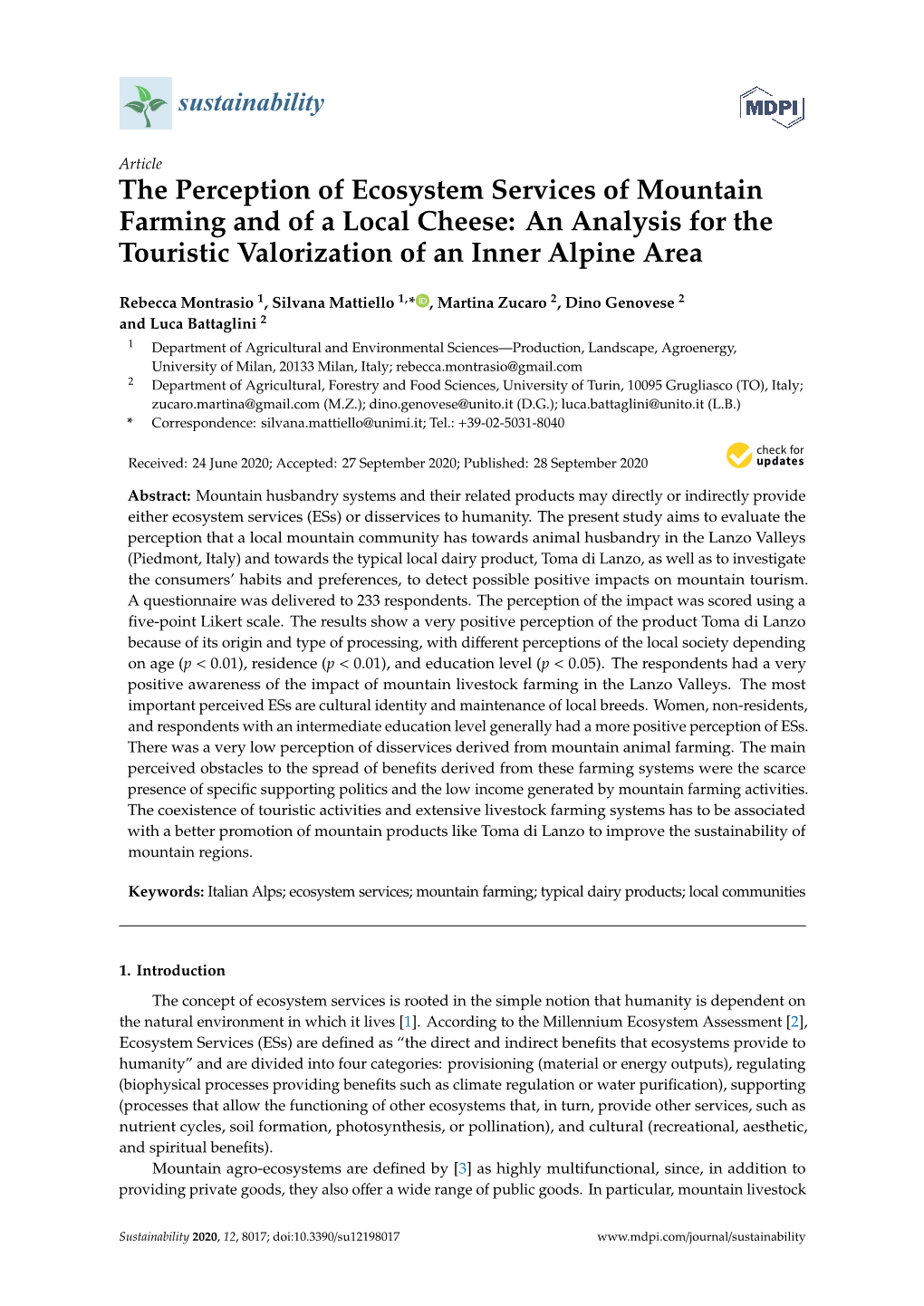 The Perception of Ecosystem Services of Mountain Farming and of a Local Cheese: an Analysis for the Touristic Valorization of an Inner Alpine Area