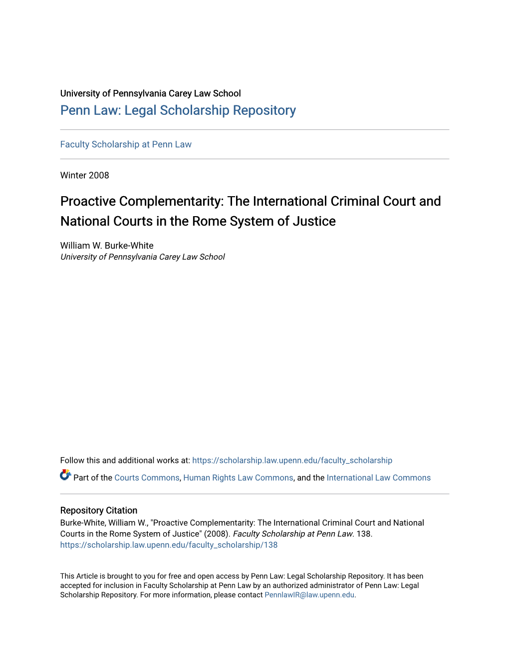 Proactive Complementarity: the International Criminal Court and National Courts in the Rome System of Justice