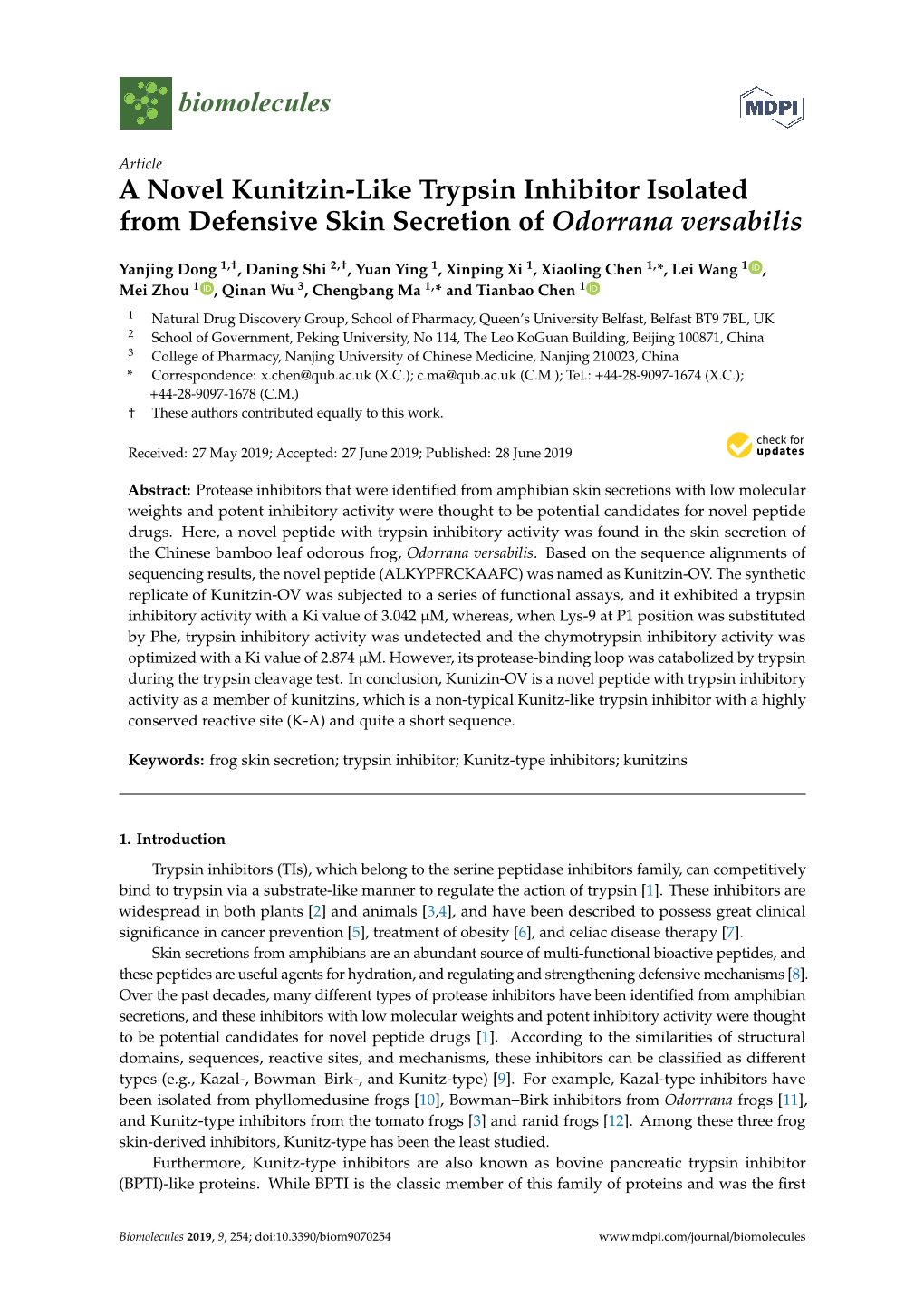 A Novel Kunitzin-Like Trypsin Inhibitor Isolated from Defensive Skin Secretion of Odorrana Versabilis