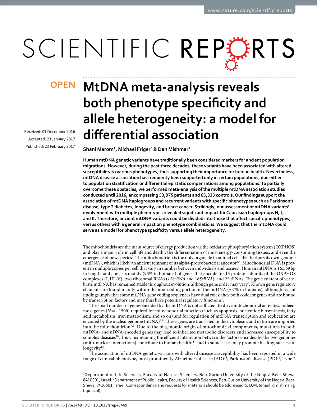 Mtdna Meta-Analysis Reveals Both Phenotype Specificity And