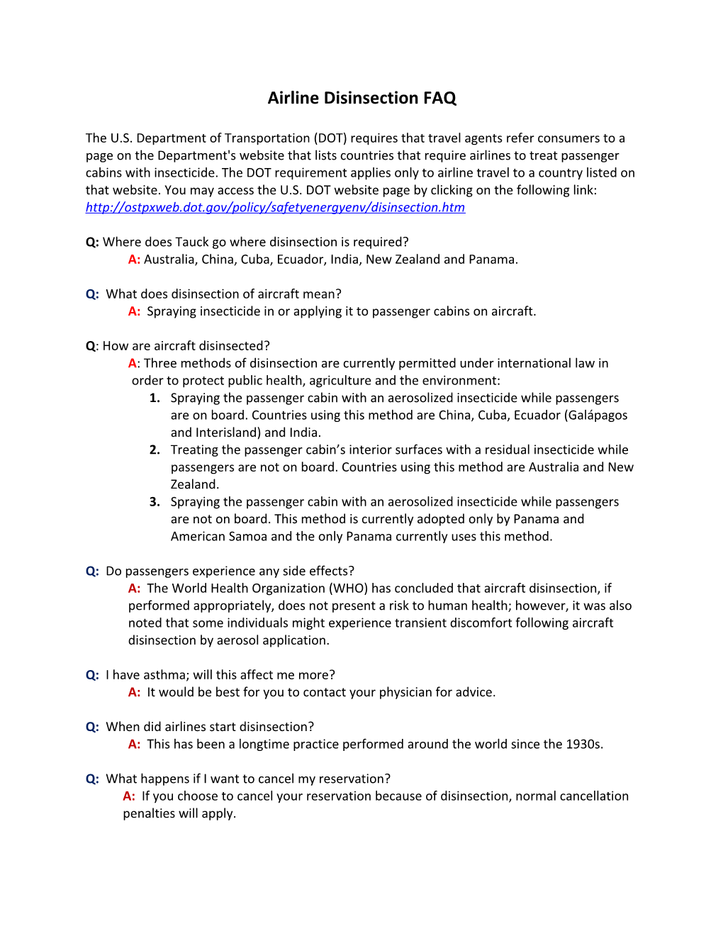 Airline Disinsection FAQ