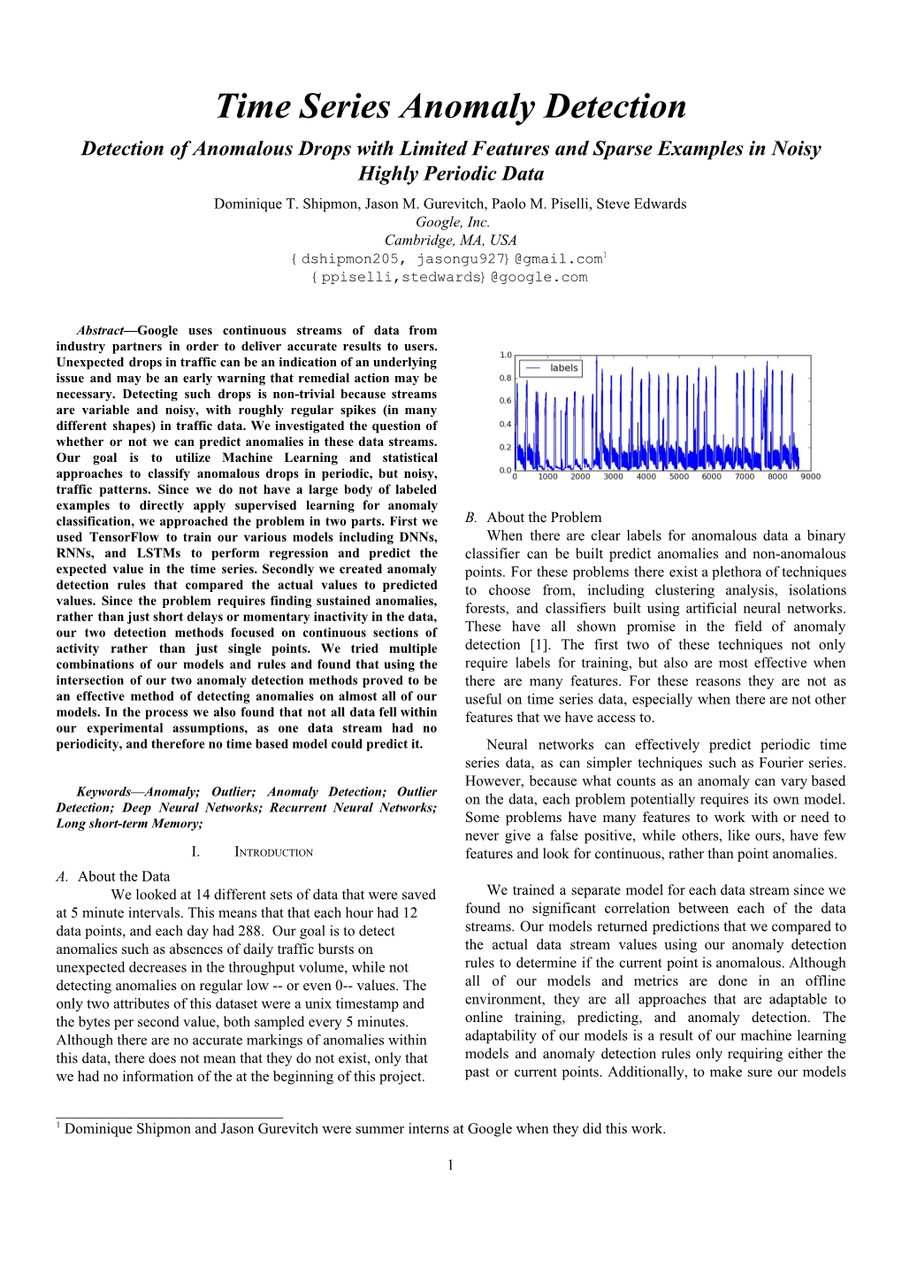 Time Series Anomaly Detection Detection of Anomalous Drops with Limited Features and Sparse Examples in Noisy Highly Periodic Data Dominique T