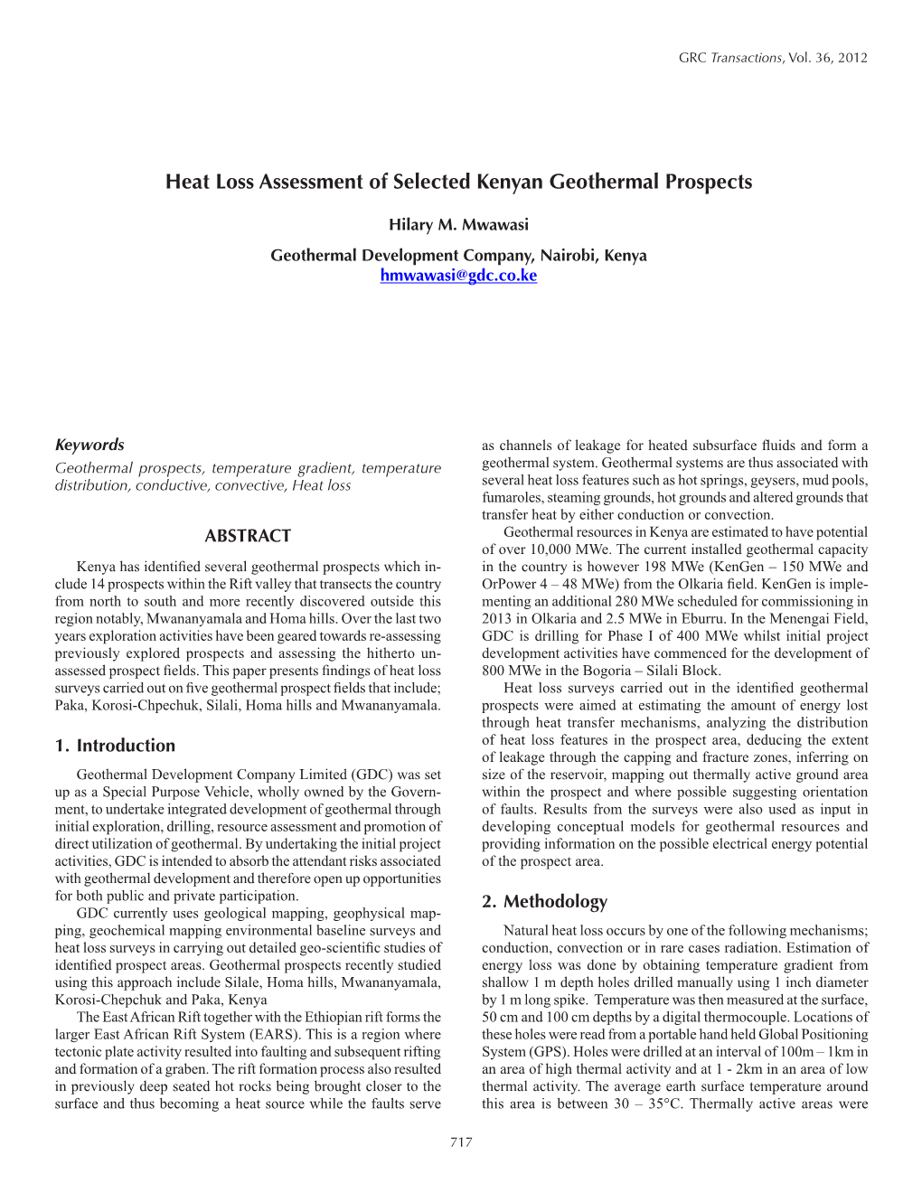 Heat Loss Assessment of Selected Kenyan Geothermal Prospects