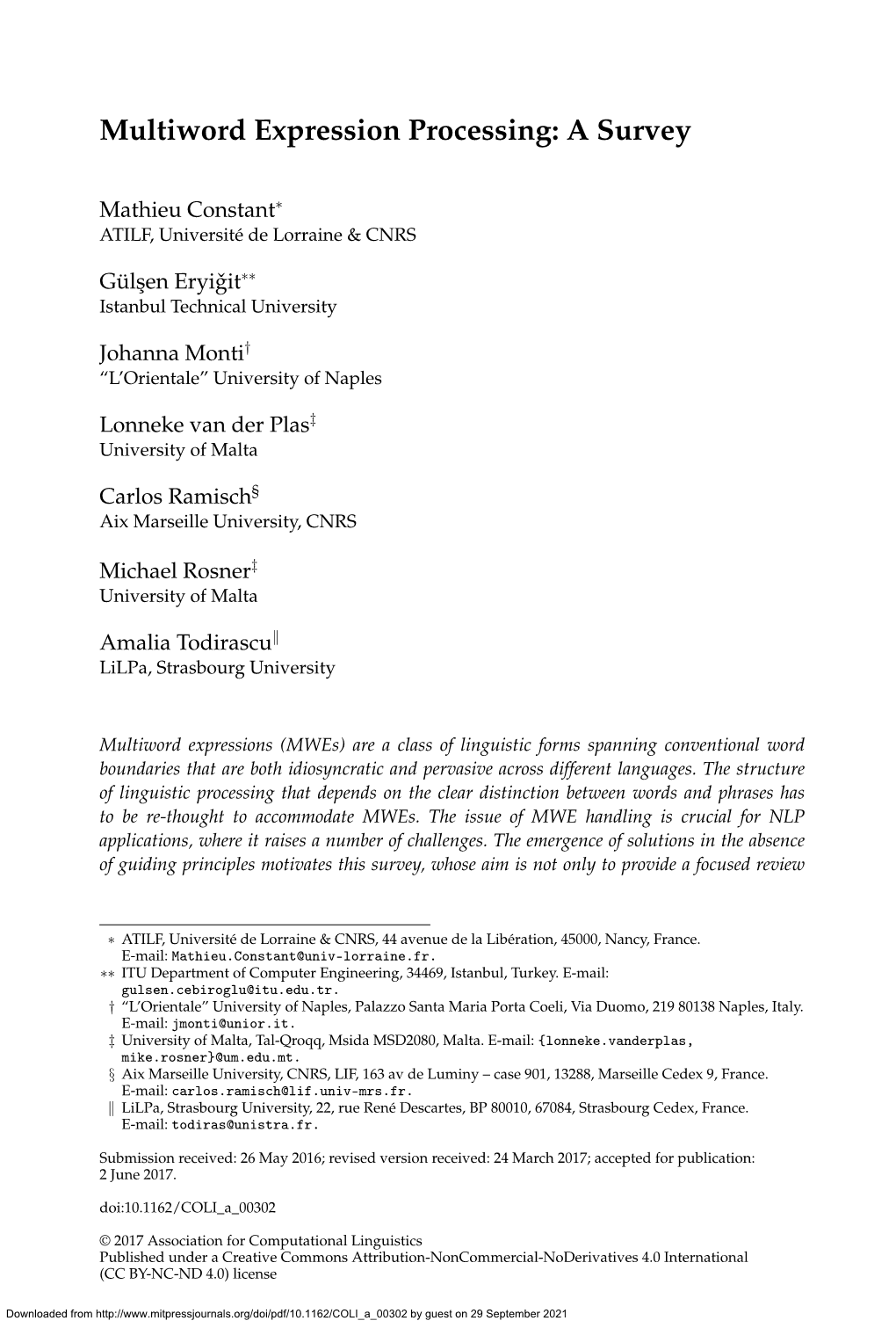 Multiword Expression Processing: a Survey