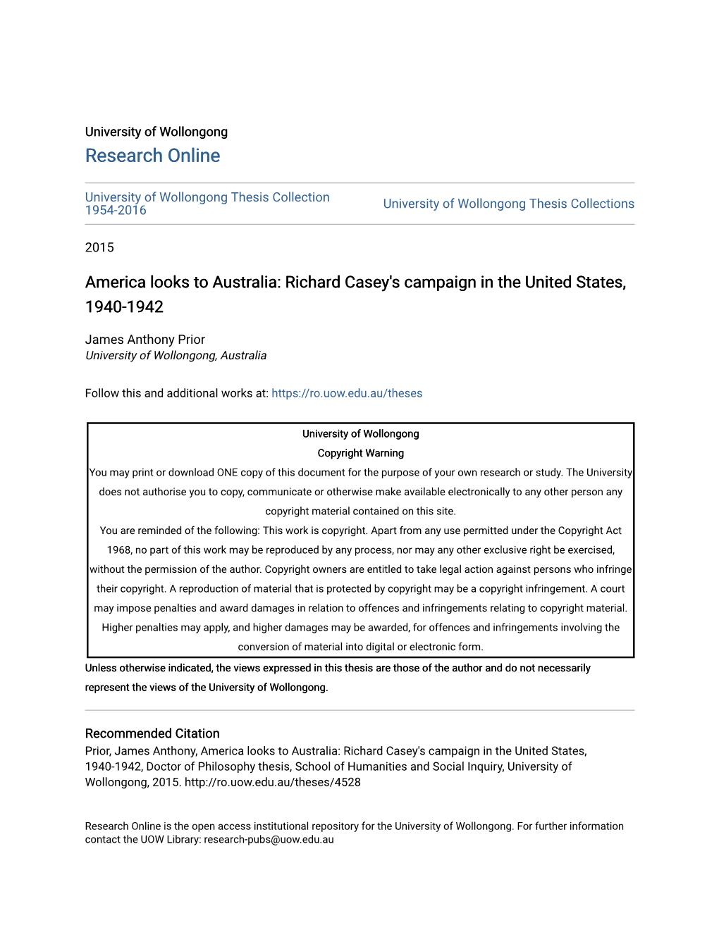 America Looks to Australia: Richard Casey's Campaign in the United States, 1940-1942