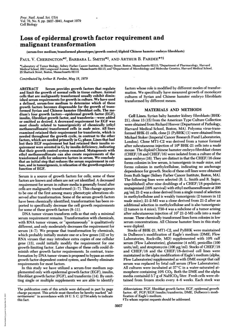 Malignant Transformation (Serum-Free Medium/Transformed Phenotypes/Growth Control/Diploid Chinese Hamster Embryo Fibroblasts) PAUL V
