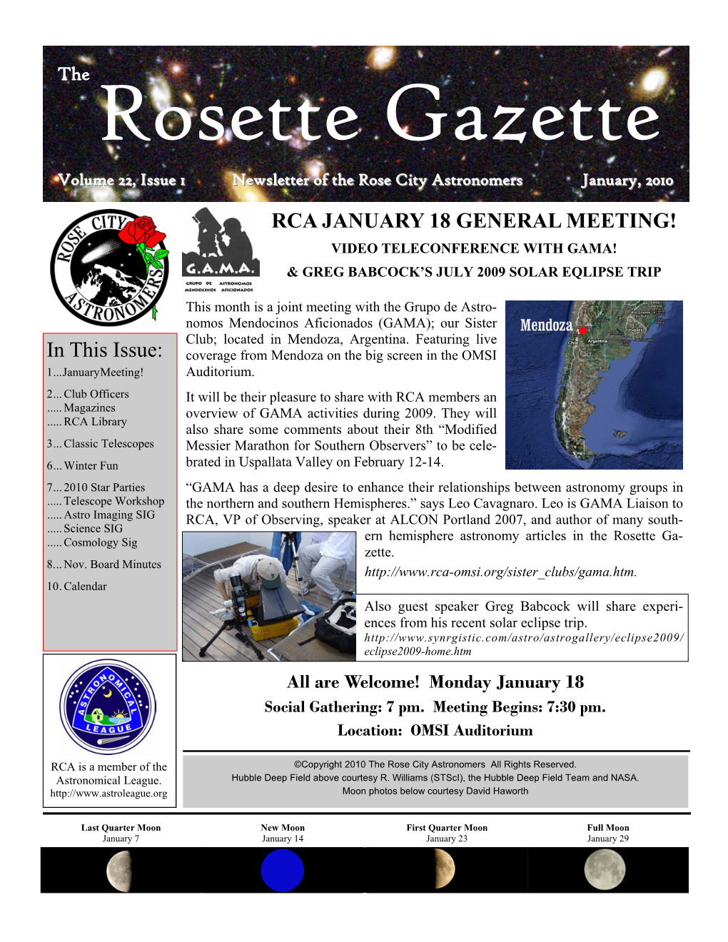 Rca January 18 General Meeting! Video Teleconference with Gama! & Greg Babcock’S July 2009 Solar Eqlipse Trip