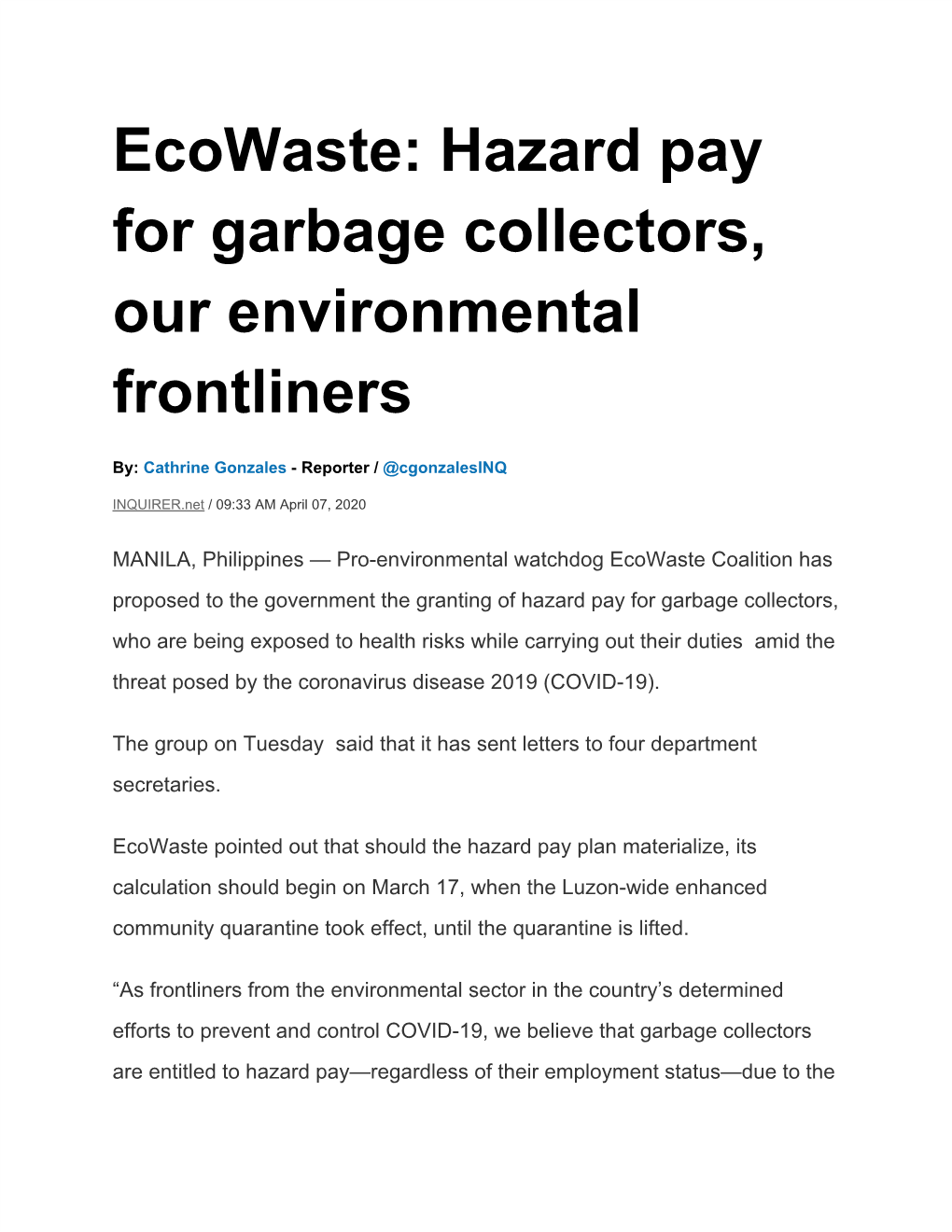 Hazard Pay for Garbage Collectors, Our Environmental Frontliners