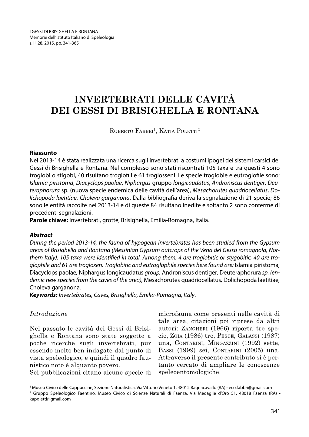 Invertebrati Delle Cavità Dei Gessi Di Brisighella E Rontana