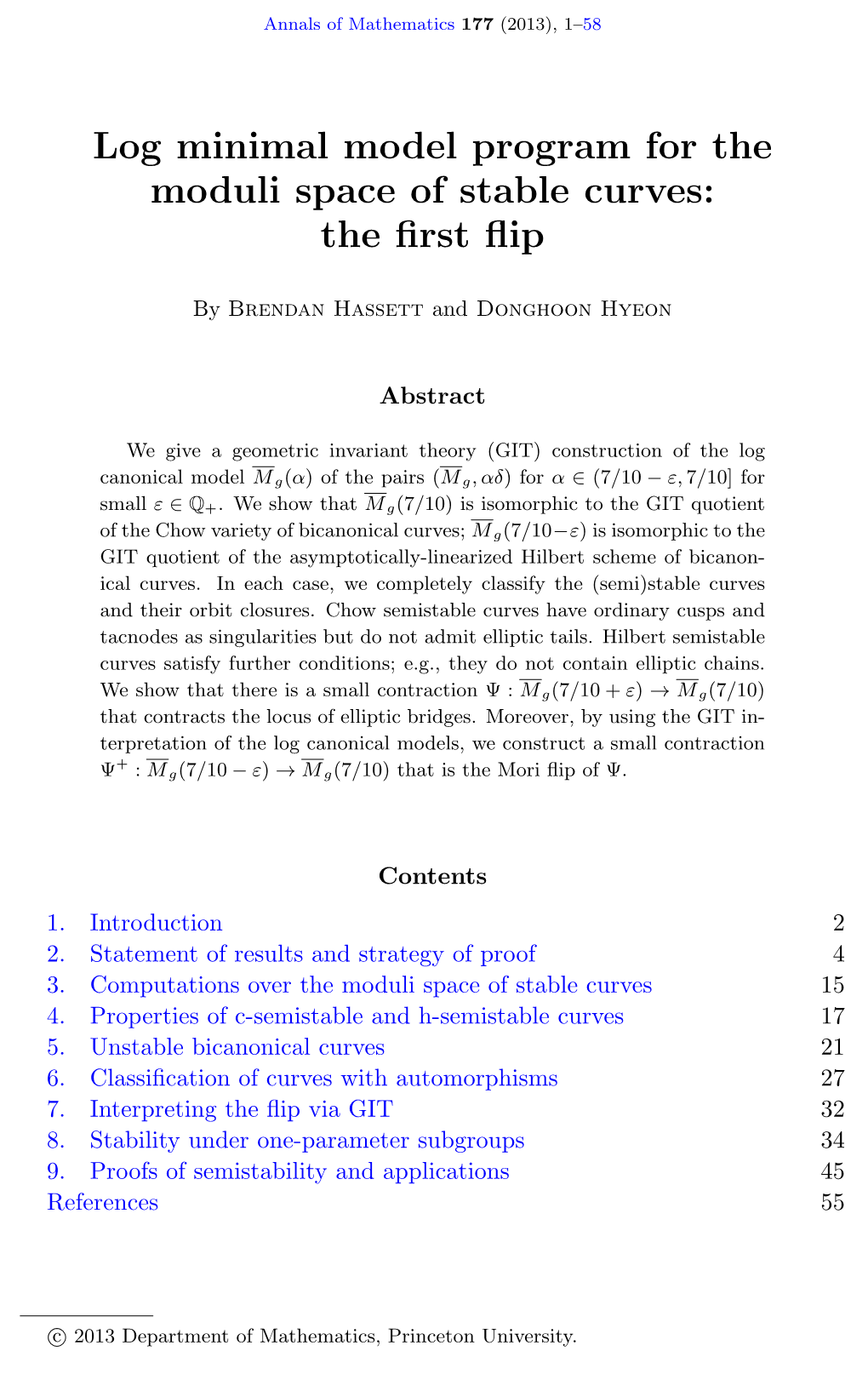 Log Minimal Model Program for the Moduli Space of Stable Curves: the ﬁrst ﬂip