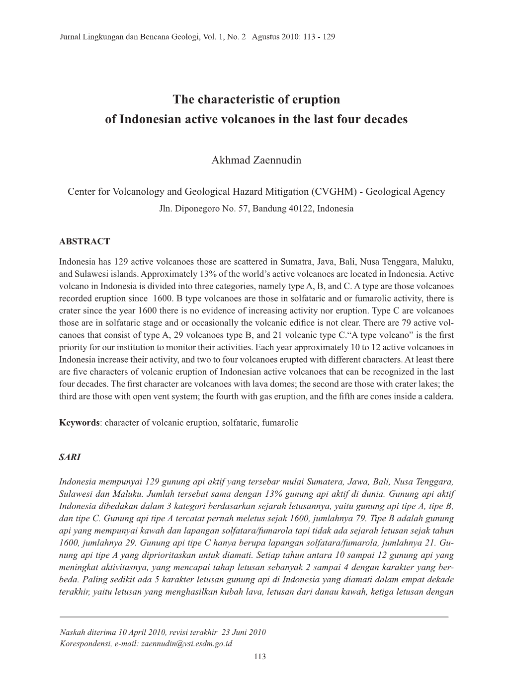 The Characteristic of Eruption of Indonesian Active Volcanoes in the Last Four Decades