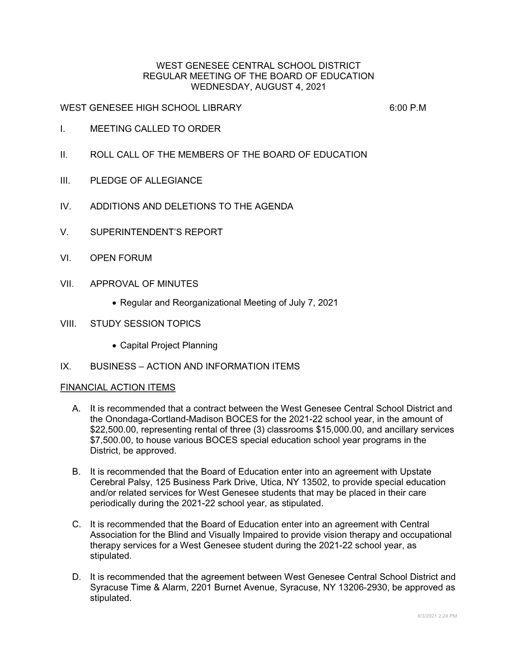 BOE Agenda for August 4, 2021