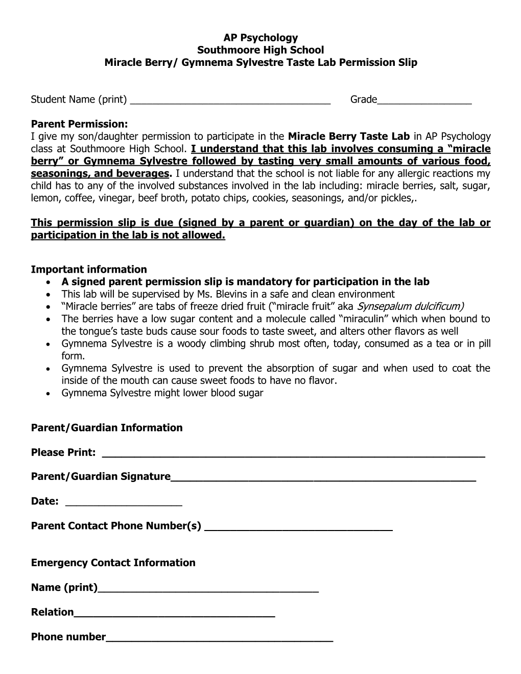 Gymnema Sylvestre Taste Lab Permission Slip Student Name (Print)