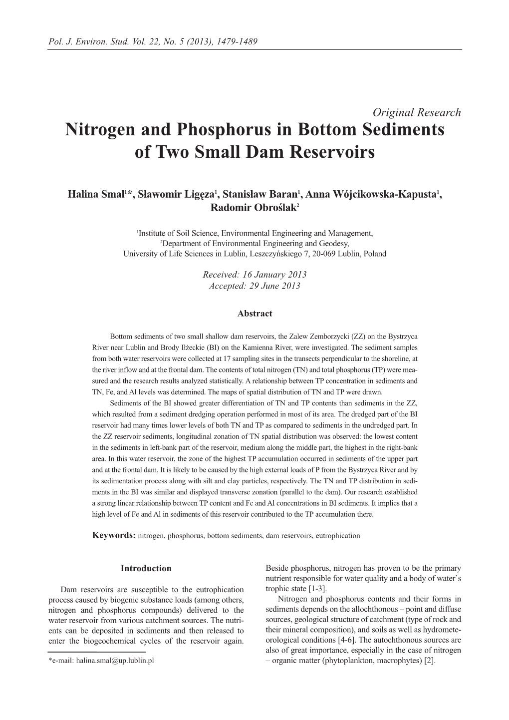 Nitrogen and Phosphorus in Bottom Sediments of Two Small Dam Reservoirs