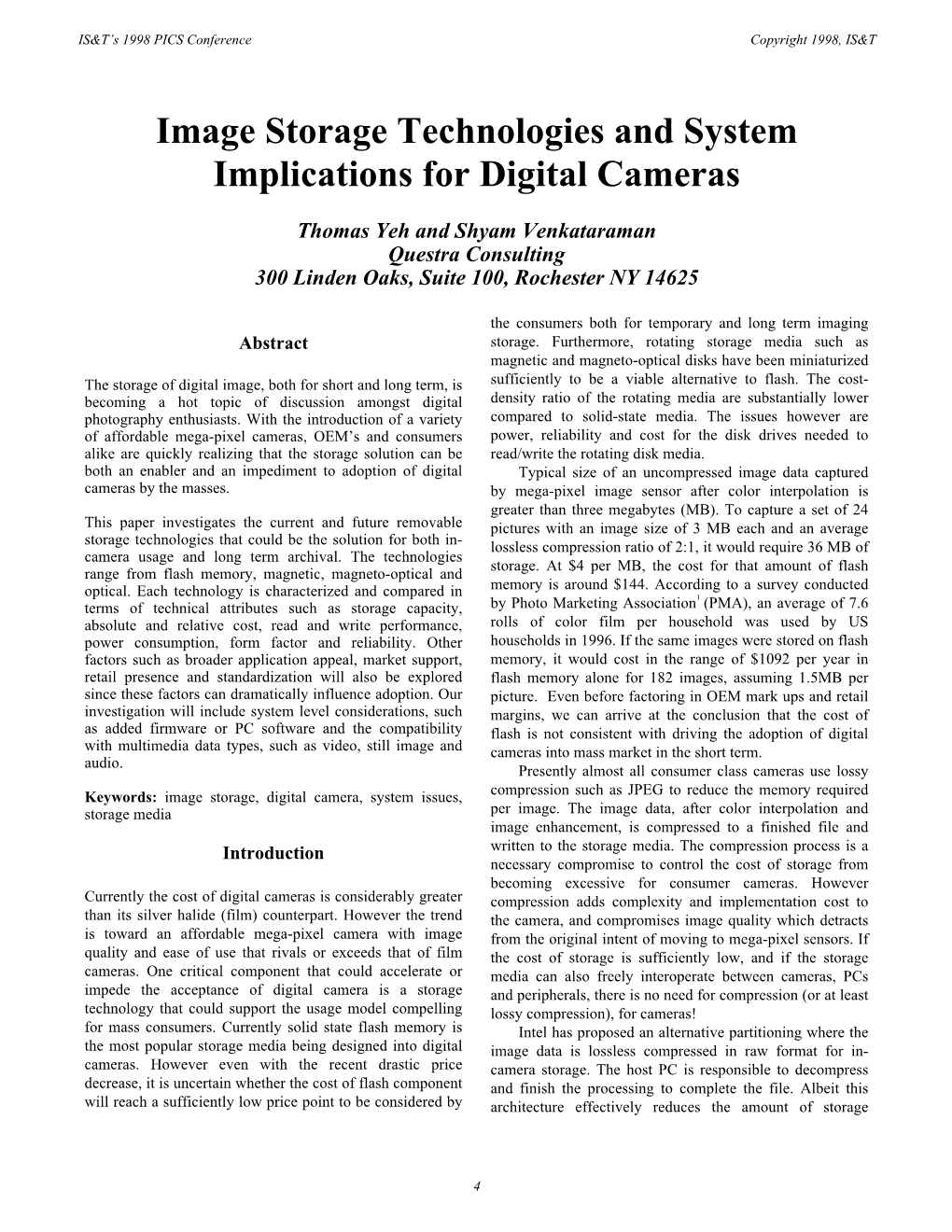 Image Storage Technologies and System Implications for Digital Cameras