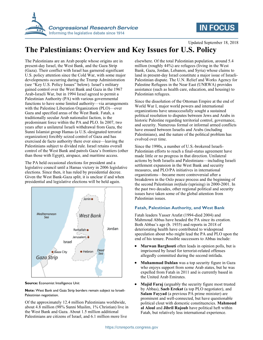 The Palestinians: Overview and Key Issues for U.S