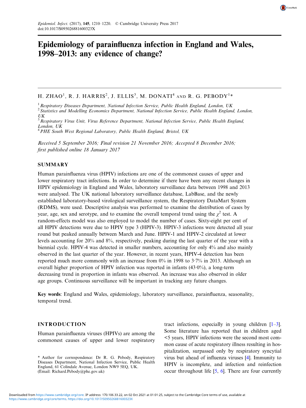 Epidemiology of Parainfluenza Infection in England and Wales