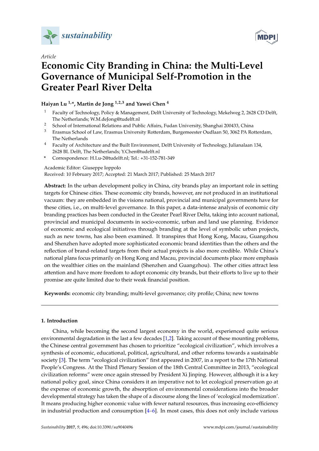 Economic City Branding in China: the Multi-Level Governance of Municipal Self-Promotion in the Greater Pearl River Delta