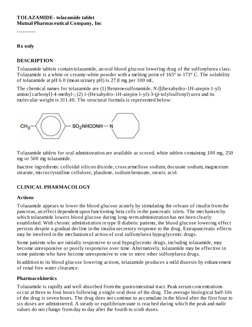 TOLAZAMIDE- Tolazamide Tablet Mutual Pharmaceutical Company, Inc