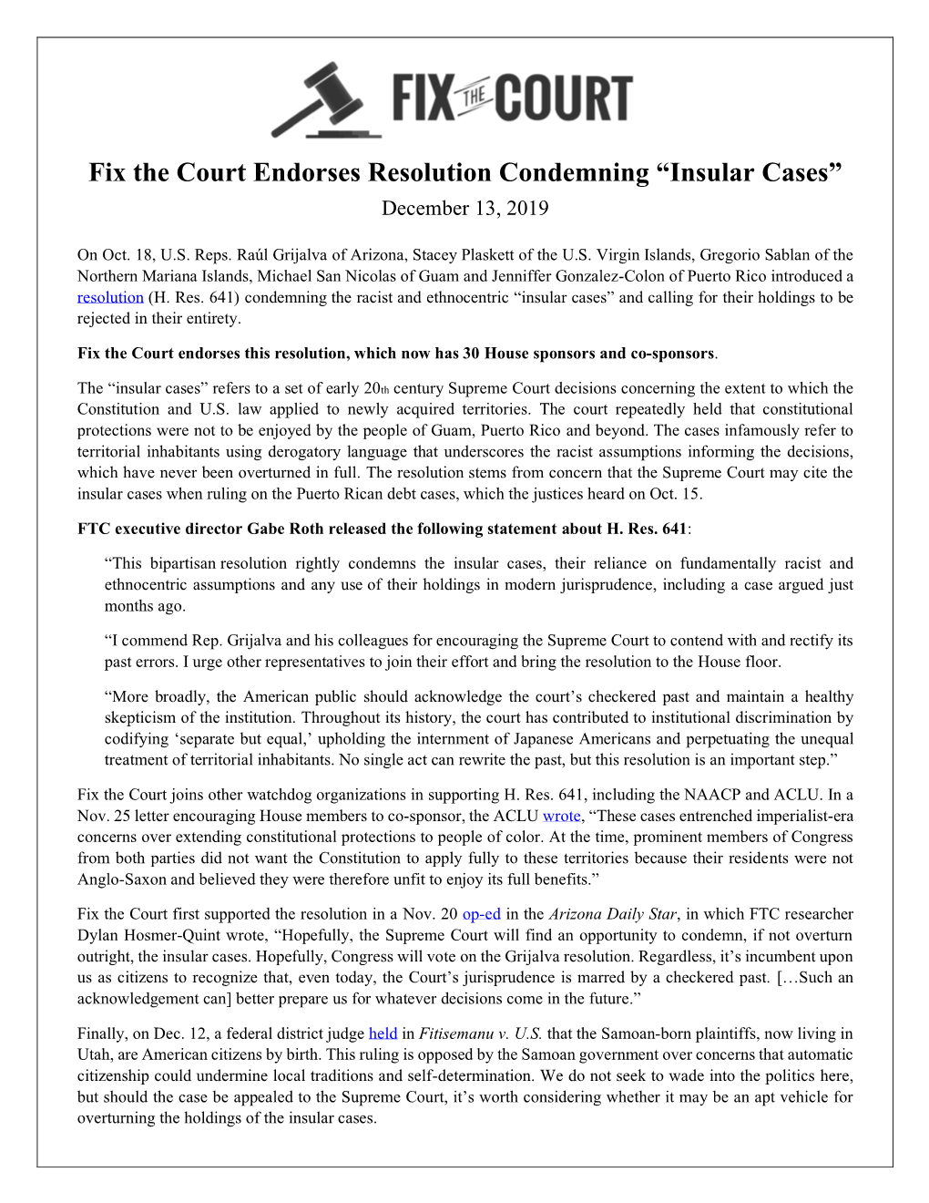 Fix the Court Endorses Resolution Condemning “Insular Cases” December 13, 2019