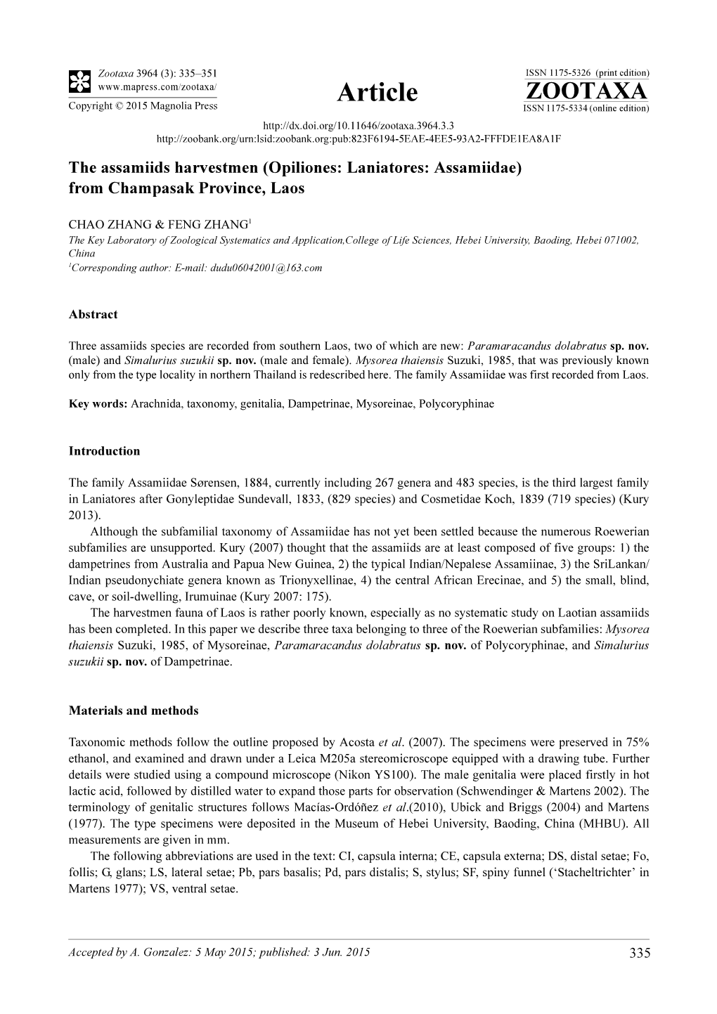 The Assamiids Harvestmen (Opiliones: Laniatores: Assamiidae) from Champasak Province, Laos