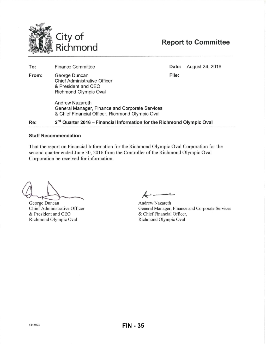 Financial Information for the Richmond Olympic Oval