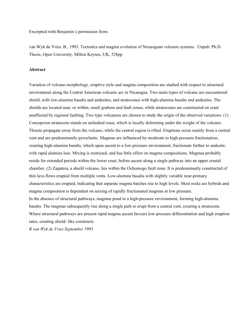 Van Wyk De Vries. B., 1993. Tectonics and Magma Evolution of Nicaraguan Volcanic Systems