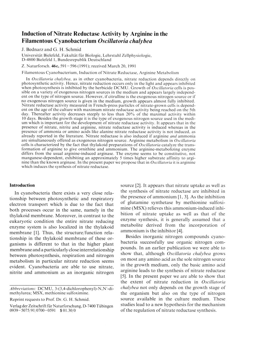 Induction of Nitrate Reductase Activity by Arginine in the Filamentous Cyanobacterium Oscillatoria Chalybea J