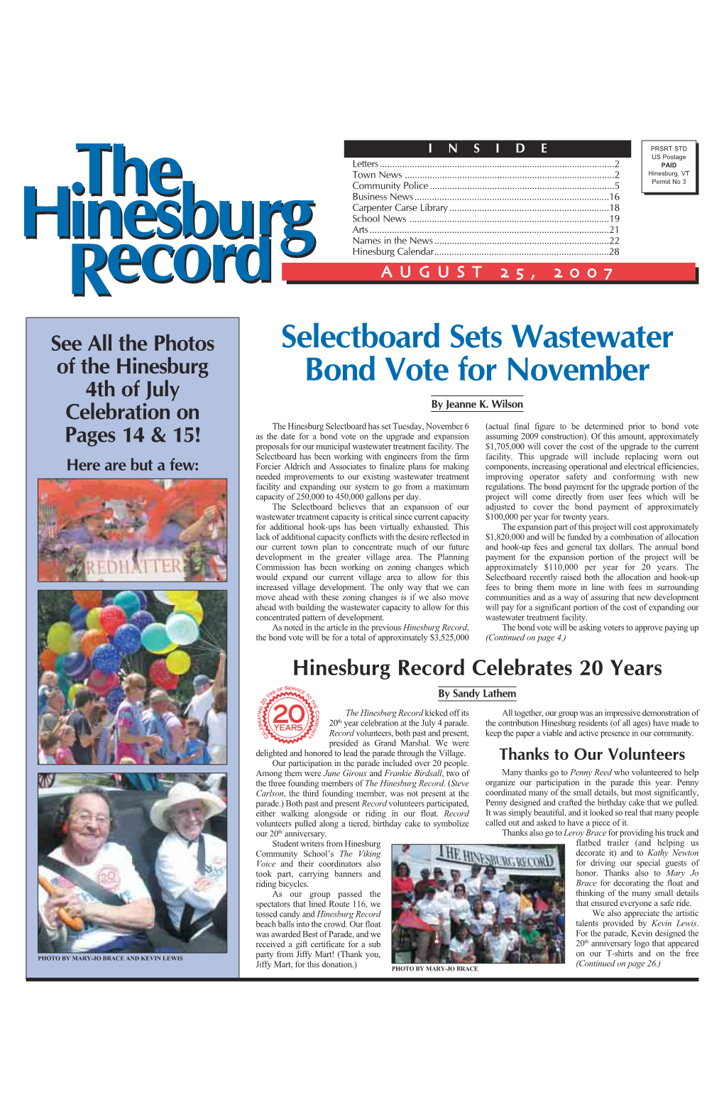 Selectboard Sets Wastewater Bond Vote for November