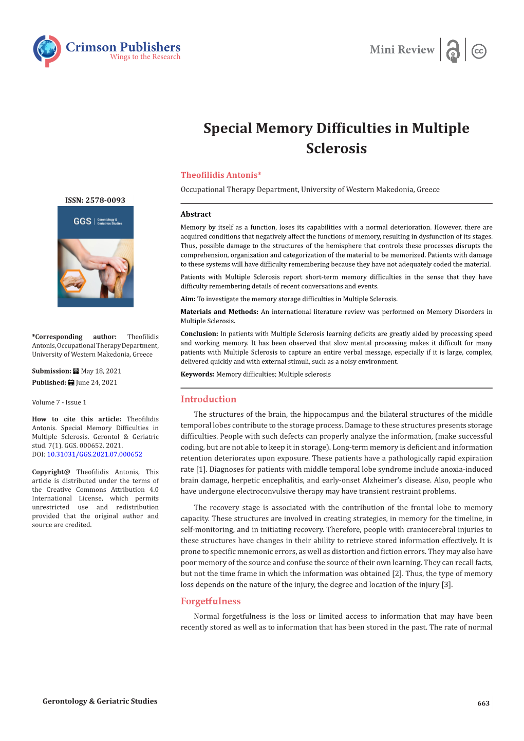 Special Memory Difficulties in Multiple Sclerosis