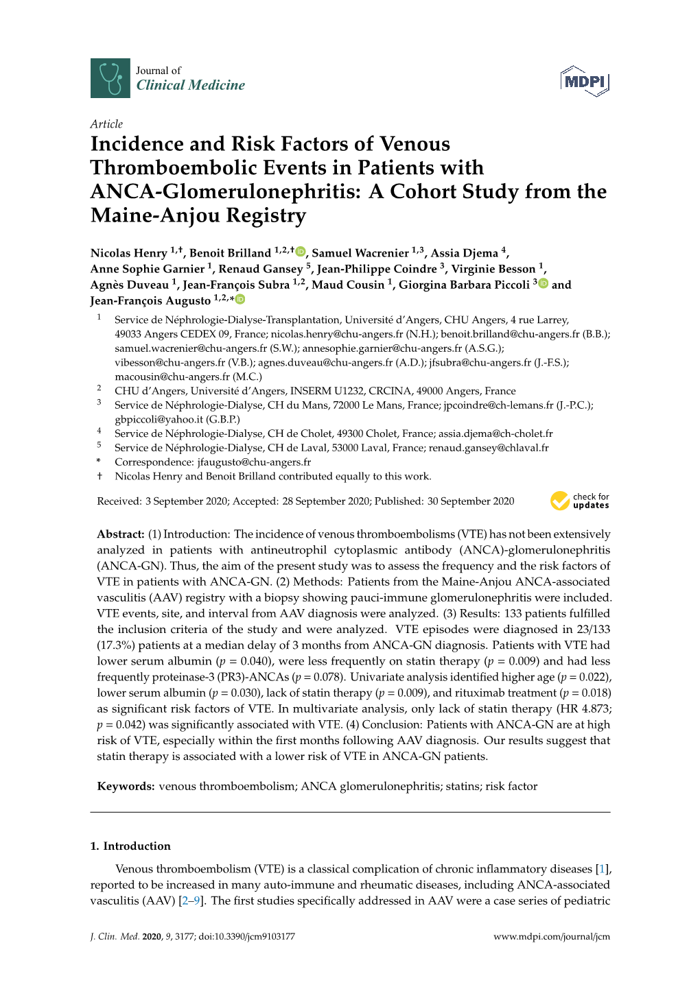 Incidence and Risk Factors of Venous Thromboembolic Events in Patients with ANCA-Glomerulonephritis: a Cohort Study from the Maine-Anjou Registry