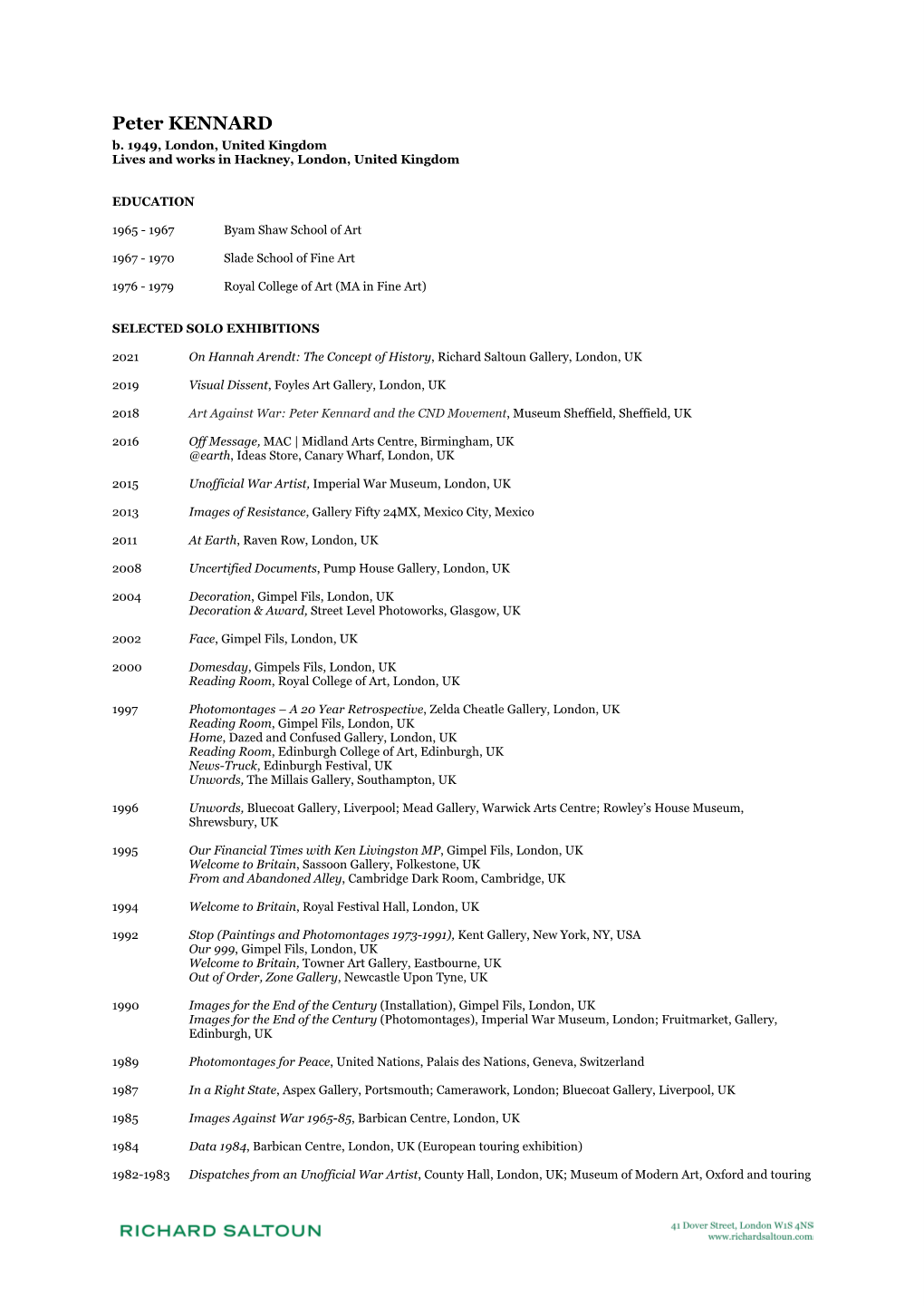 Peter Kennard CV Updated May 2021