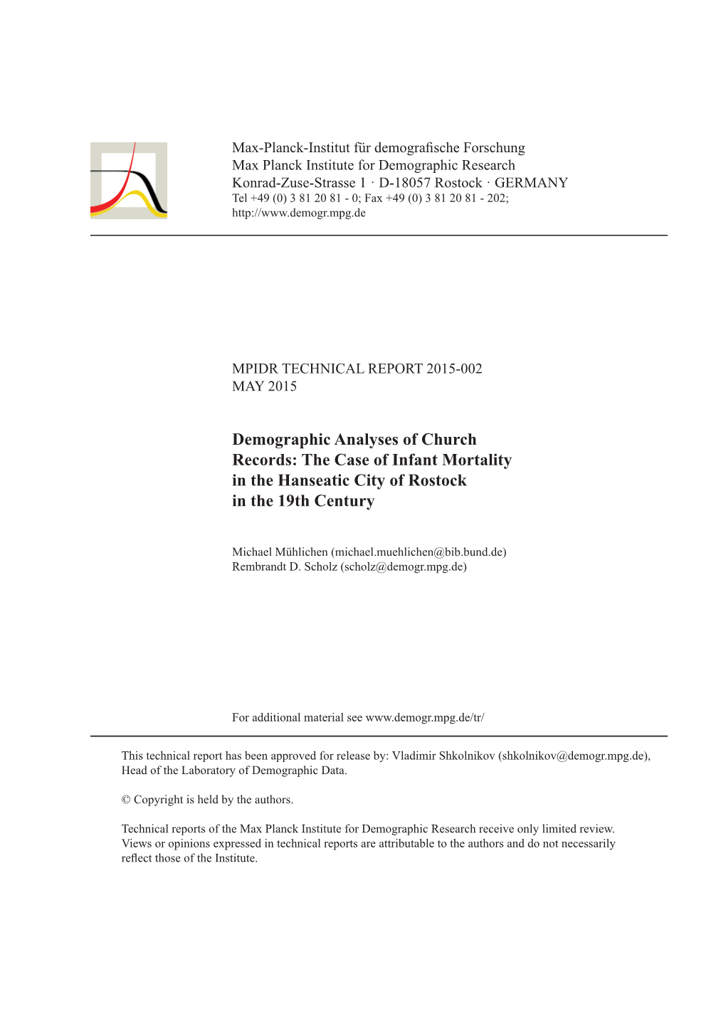 Demographic Analyses of Church Records: the Case of Infant Mortality in the Hanseatic City of Rostock in the 19Th Century