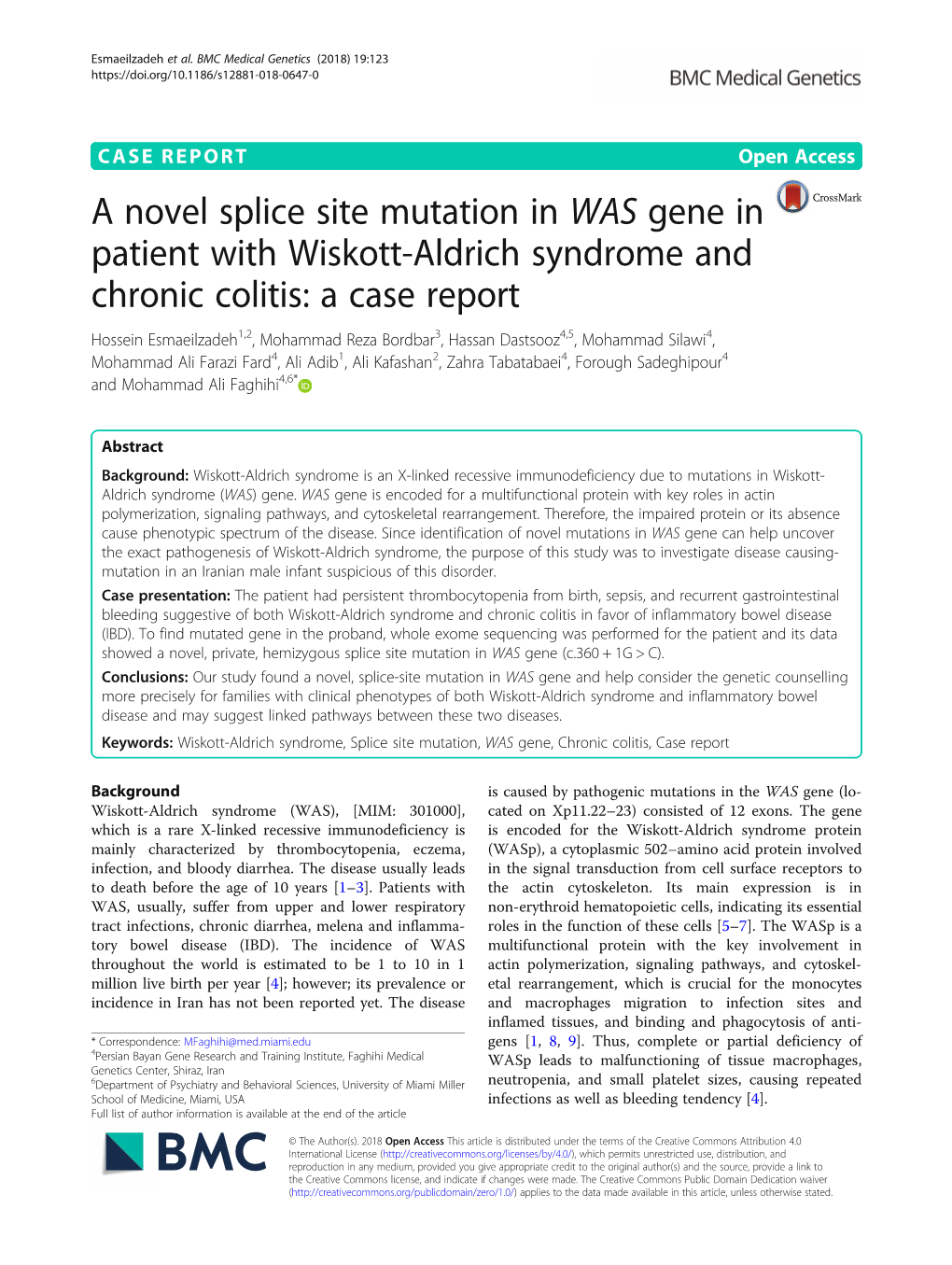 A Novel Splice Site Mutation in WAS Gene in Patient with Wiskott-Aldrich