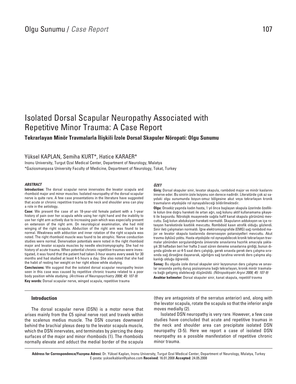 Isolated Dorsal Scapular Neuropathy Associated with Repetitive Minor