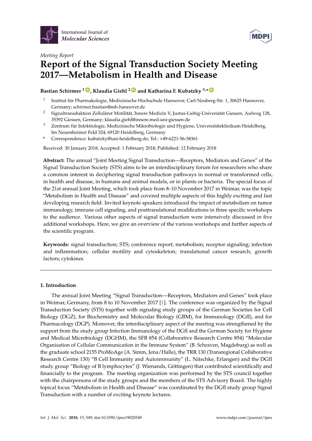 Report of the Signal Transduction Society Meeting 2017—Metabolism in Health and Disease