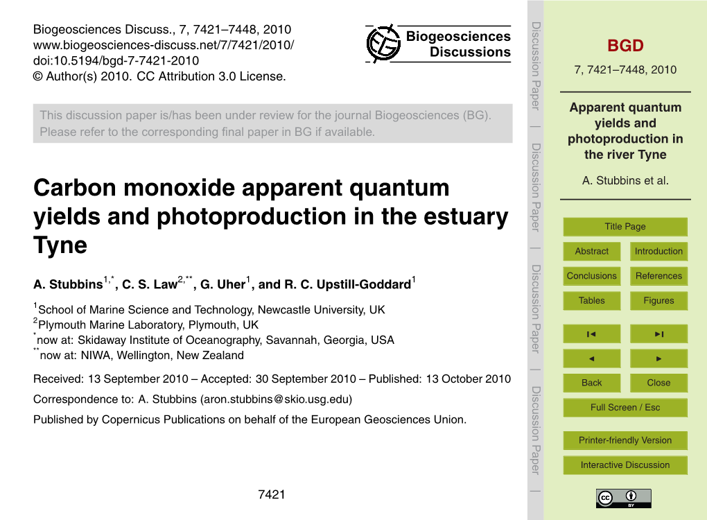 Apparent Quantum Yields and Photoproduction in the River Tyne