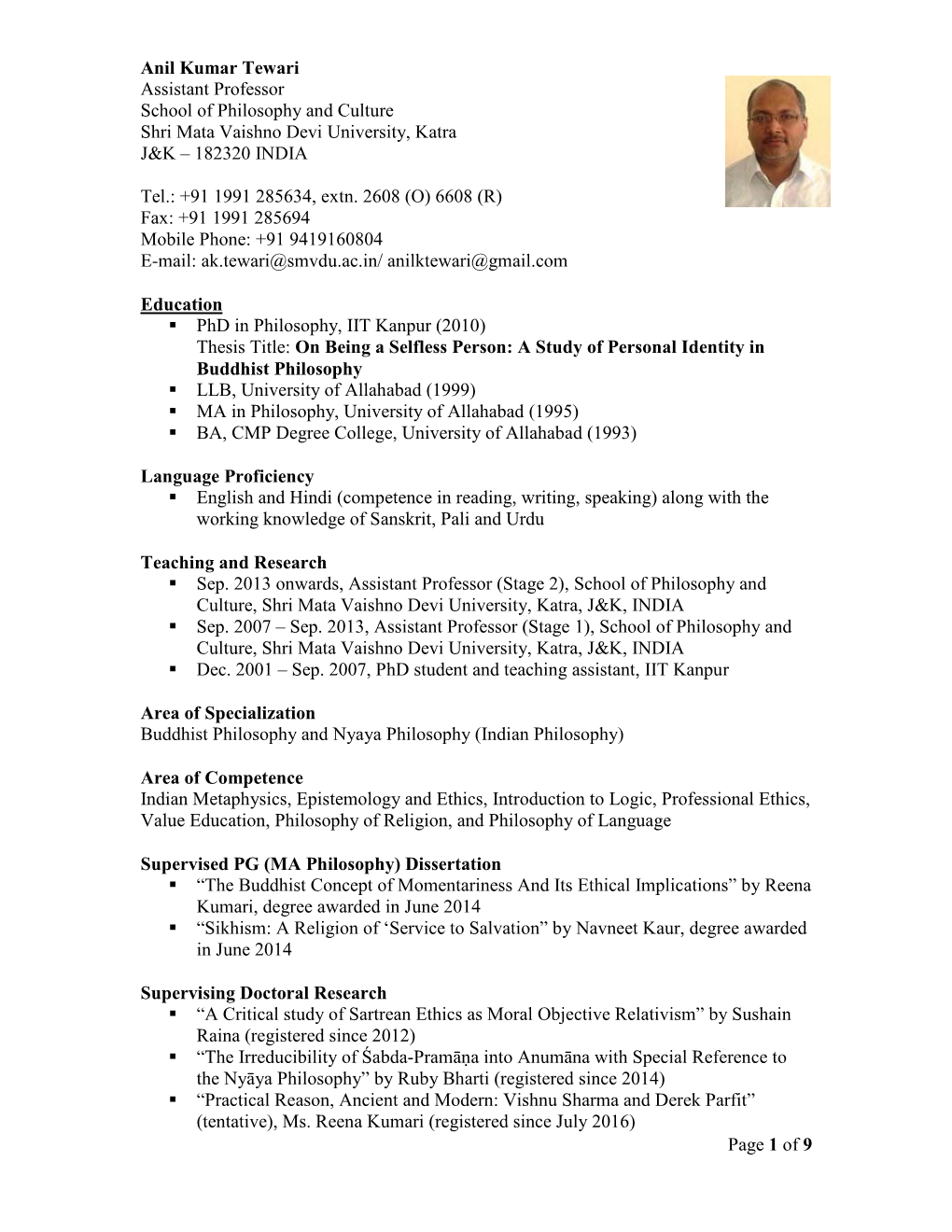 Anil Kumar Tewari's List of Publications