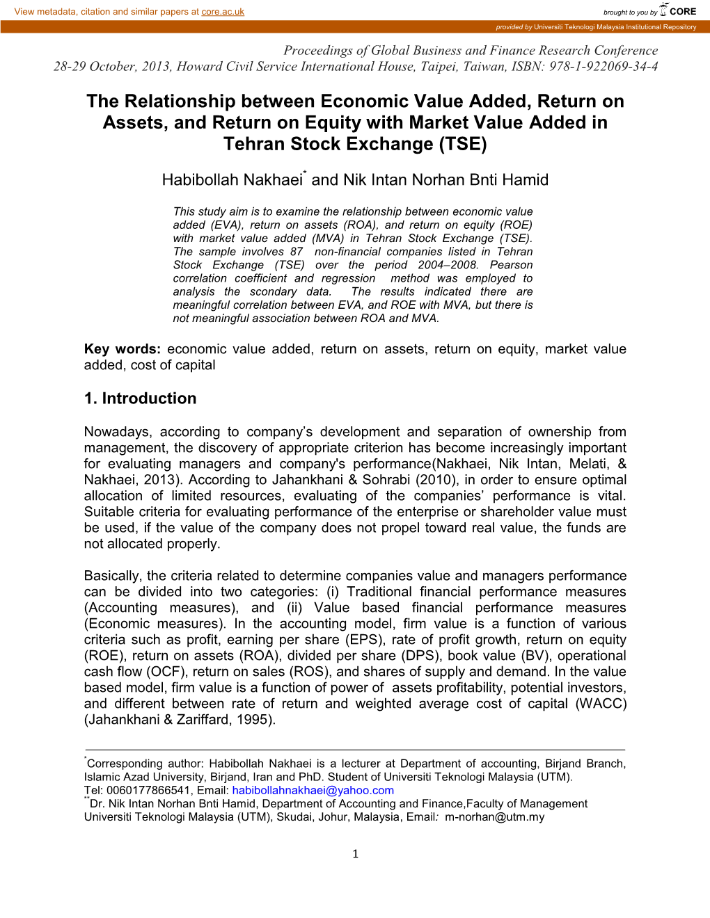 The Relationship Between Economic Value Added, Return on Assets, and Return on Equity with Market Value Added in Tehran Stock Exchange (TSE)