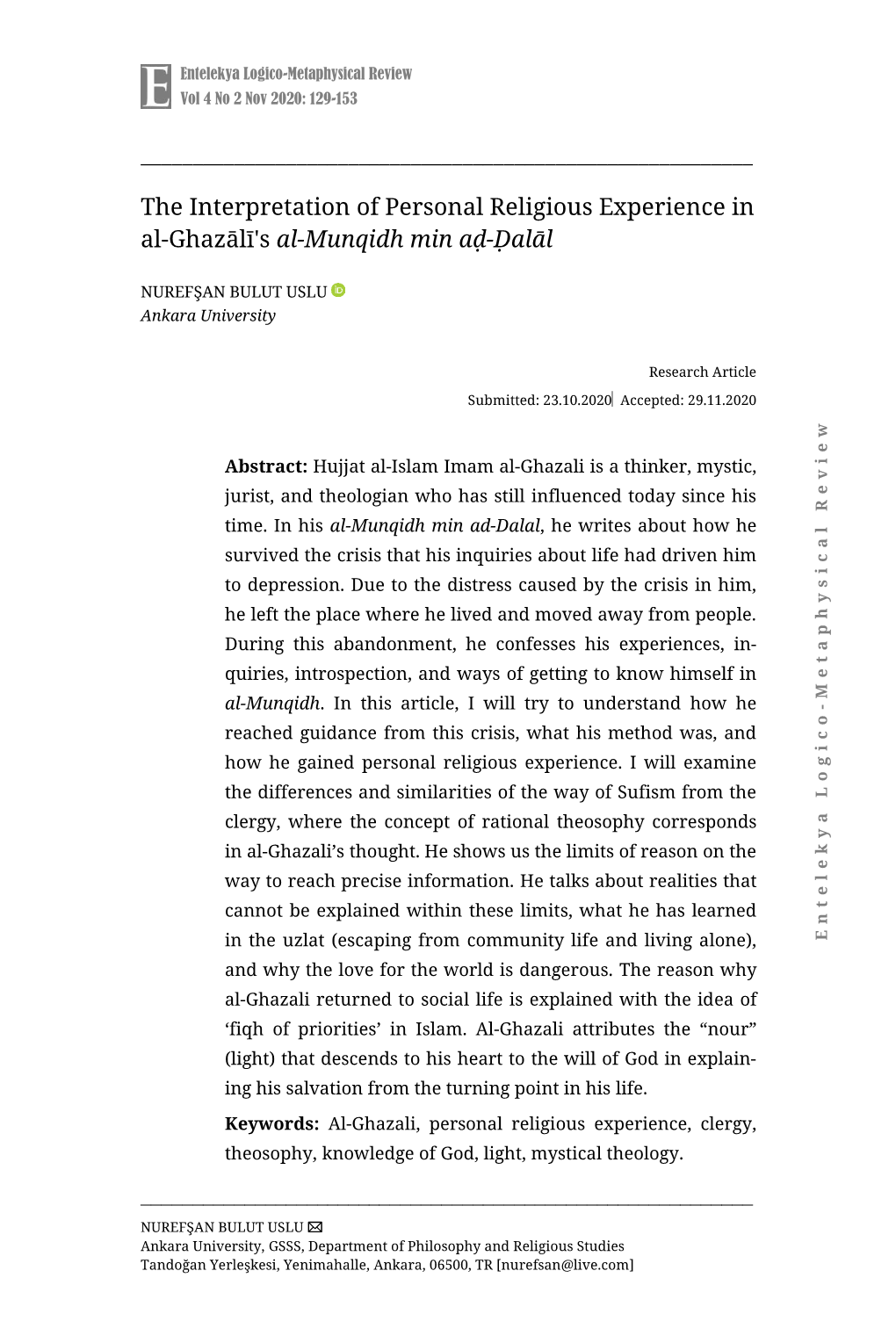 The Interpretation of Personal Religious Experience in Al-Ghazālī's Al-Munqidh Min Aḍ-Ḍalāl