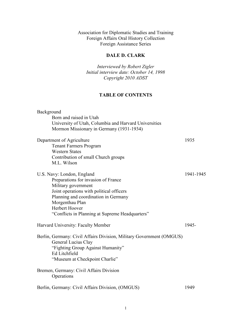 Association for Diplomatic Studies and Training Foreign Affairs Oral History Collection Foreign Assistance Series