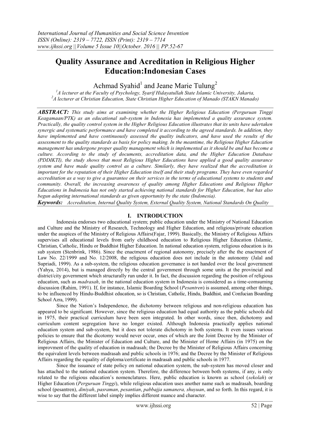 Quality Assurance and Acreditation in Religious Higher Education:Indonesian Cases