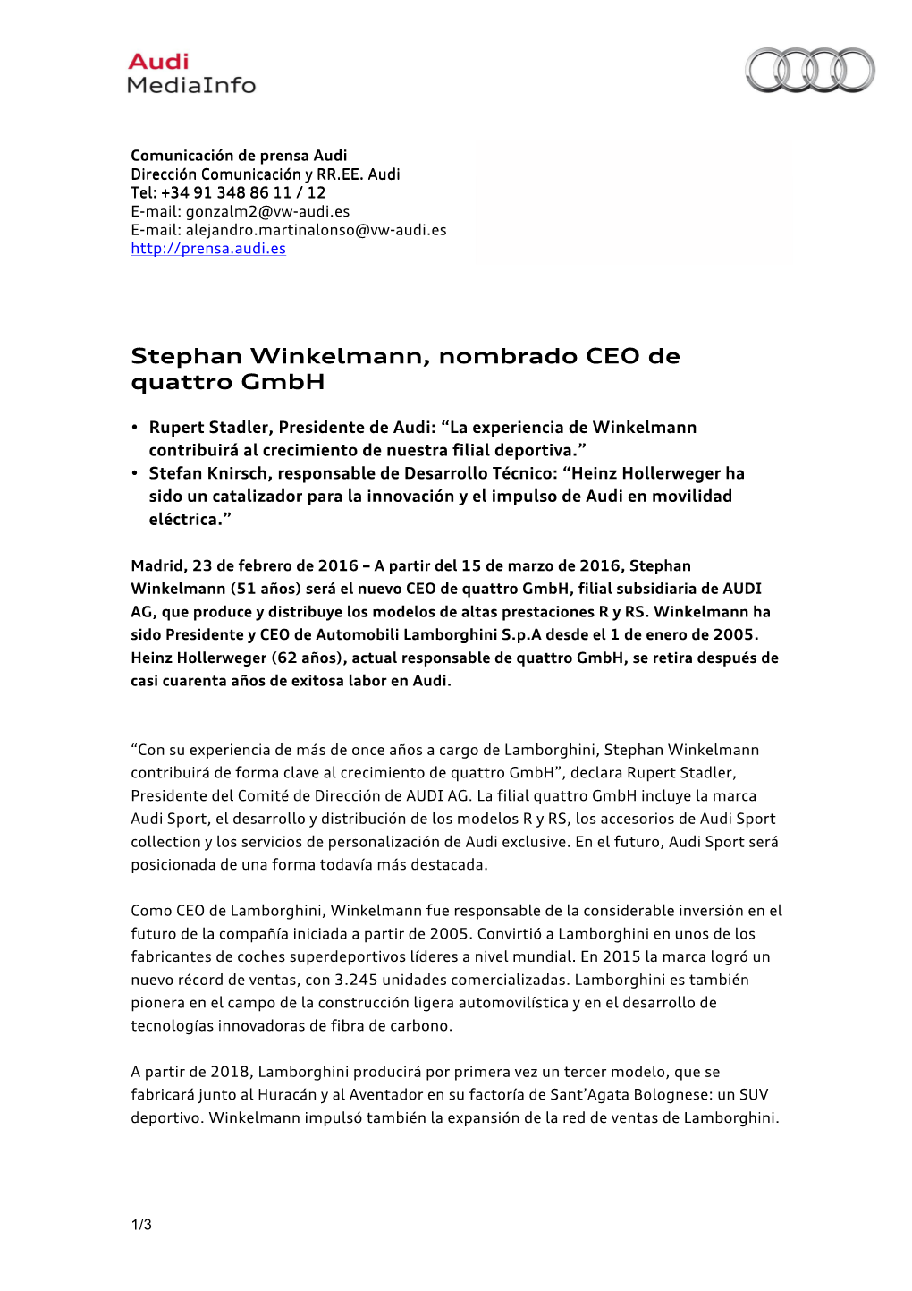 Stephan Winkelmann, Nombrado CEO De Quattro Gmbh