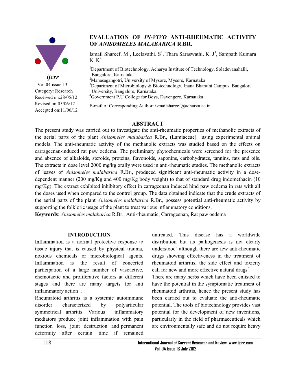 118 Abstract Evaluation of In-Vivo Anti-Rheumatic