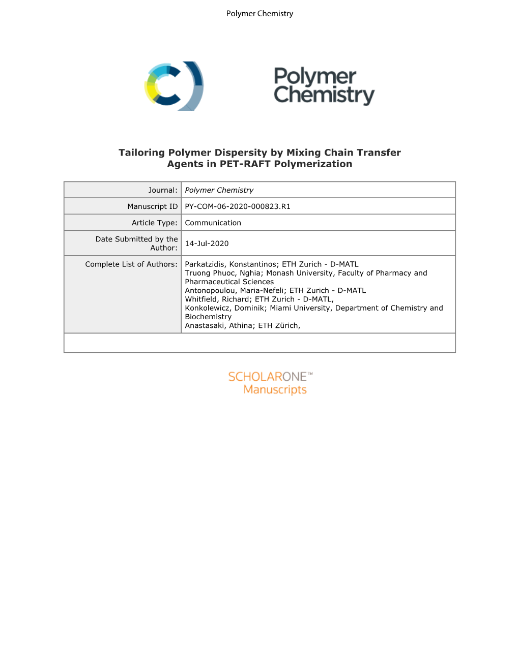 Tailoring Polymer Dispersity by Mixing Chain Transfer Agents in PET-RAFT Polymerization